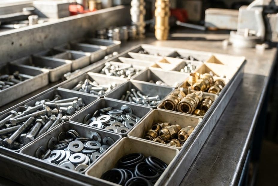 Sorting tray with screws, washers and fittings in separate compartments