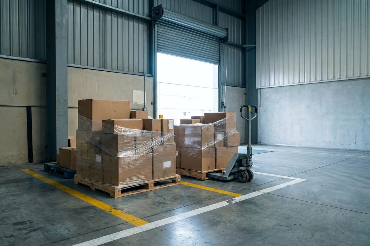 Goods receipt area of a warehouse: palletised shipments in front of an open roller door